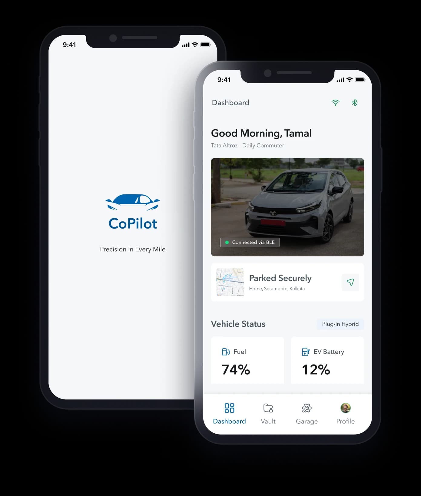 Two iPhone screens for CoPilot, a car companion app: the splash screen with its wordmark, and a dashboard showing the connected vehicle, where it is parked, and its fuel and battery levels
