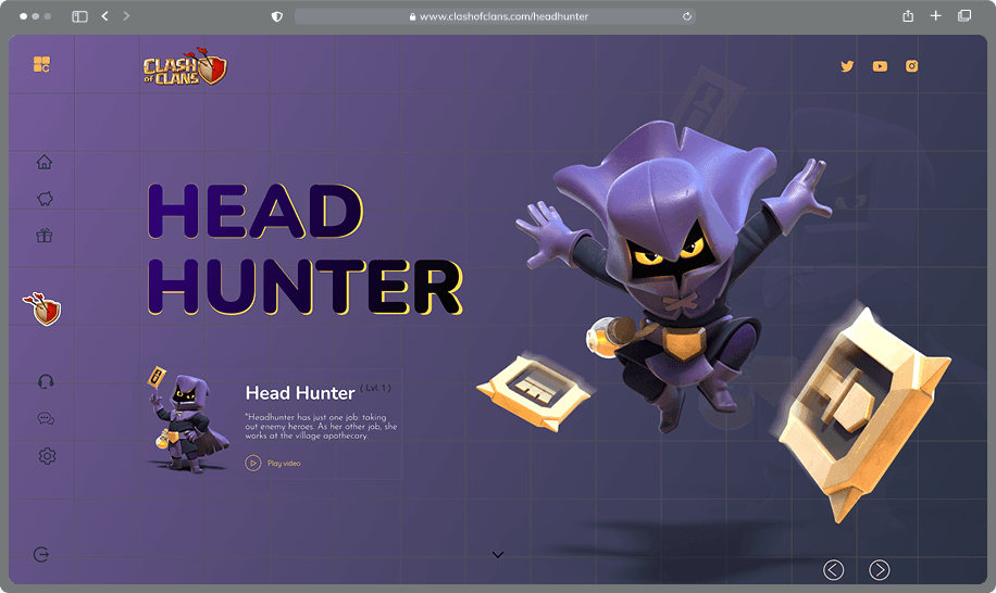 Concept landing page for the Clash of Clans character Head Hunter: oversized display type, the character rendered mid-leap, and a description card with a play-video link