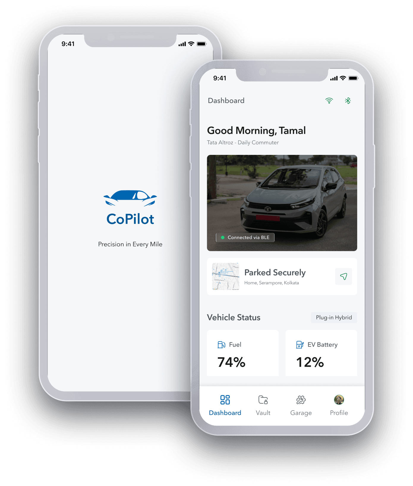 Two iPhone screens for CoPilot, a car companion app: the splash screen with its wordmark, and a dashboard showing the connected vehicle, where it is parked, and its fuel and battery levels