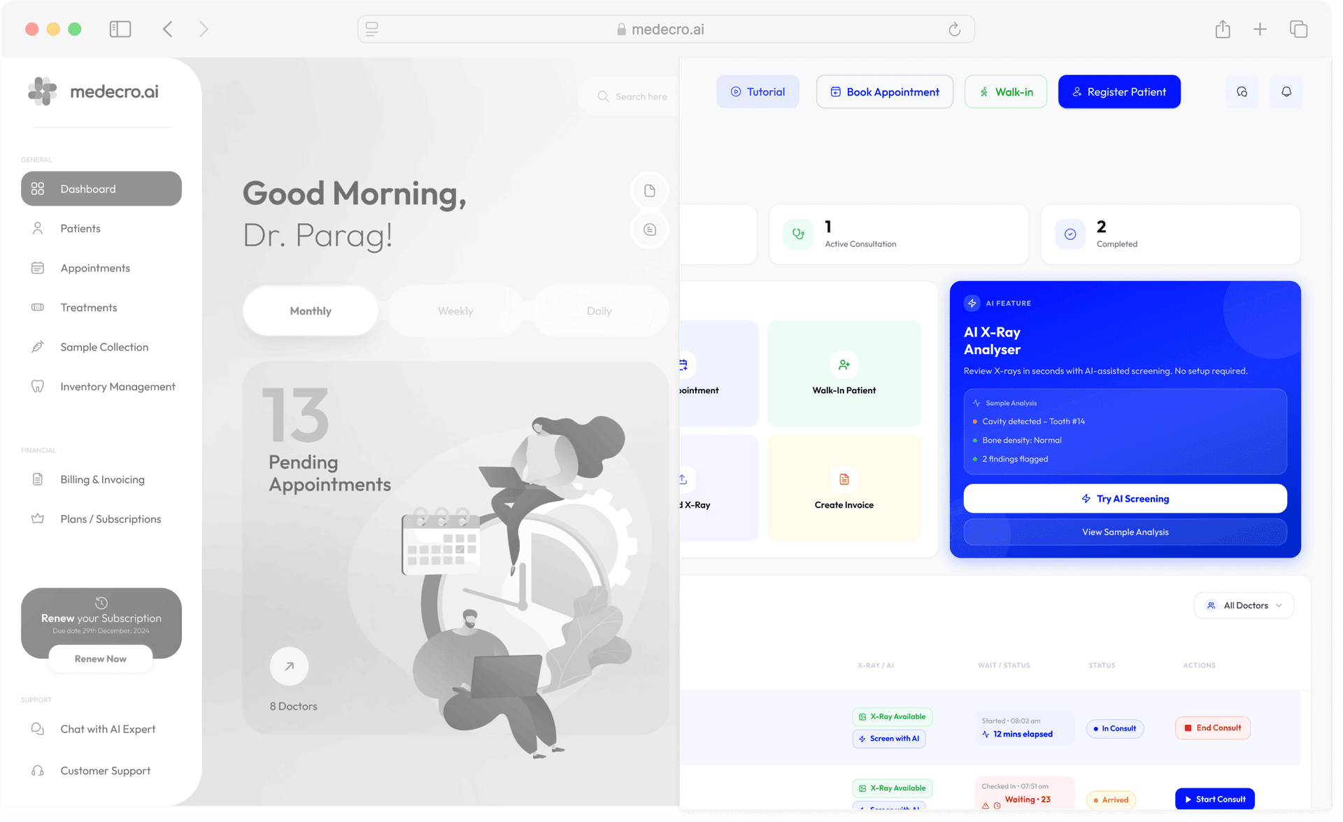 Split-screen comparison: left shows the original Medecro dashboard with AI feature buried in a separate tab; right shows the redesigned version with the AI X-ray Analyser surfaced as an inline panel on the patient card