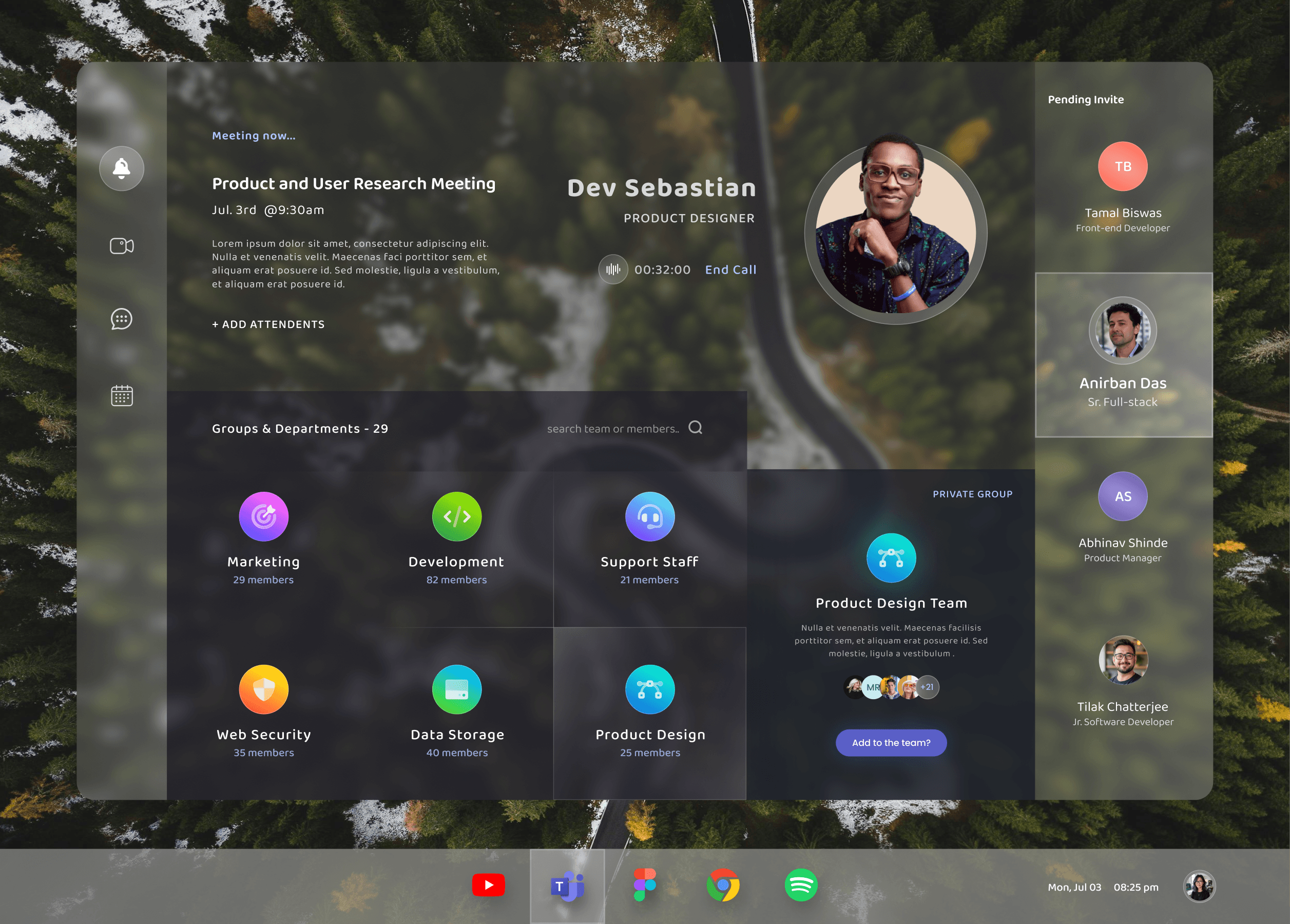 Concept redesign of the Microsoft Teams desktop app: a translucent panel over a forest wallpaper showing an active call, the meeting details, department groups with member counts, and a pending-invite list